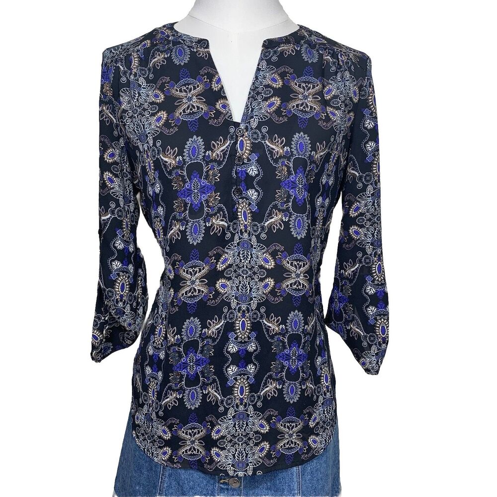 Faded Glory Blouse Womens S Small Black Blue Paisley Roll Tab‎ Split Neck Tunic